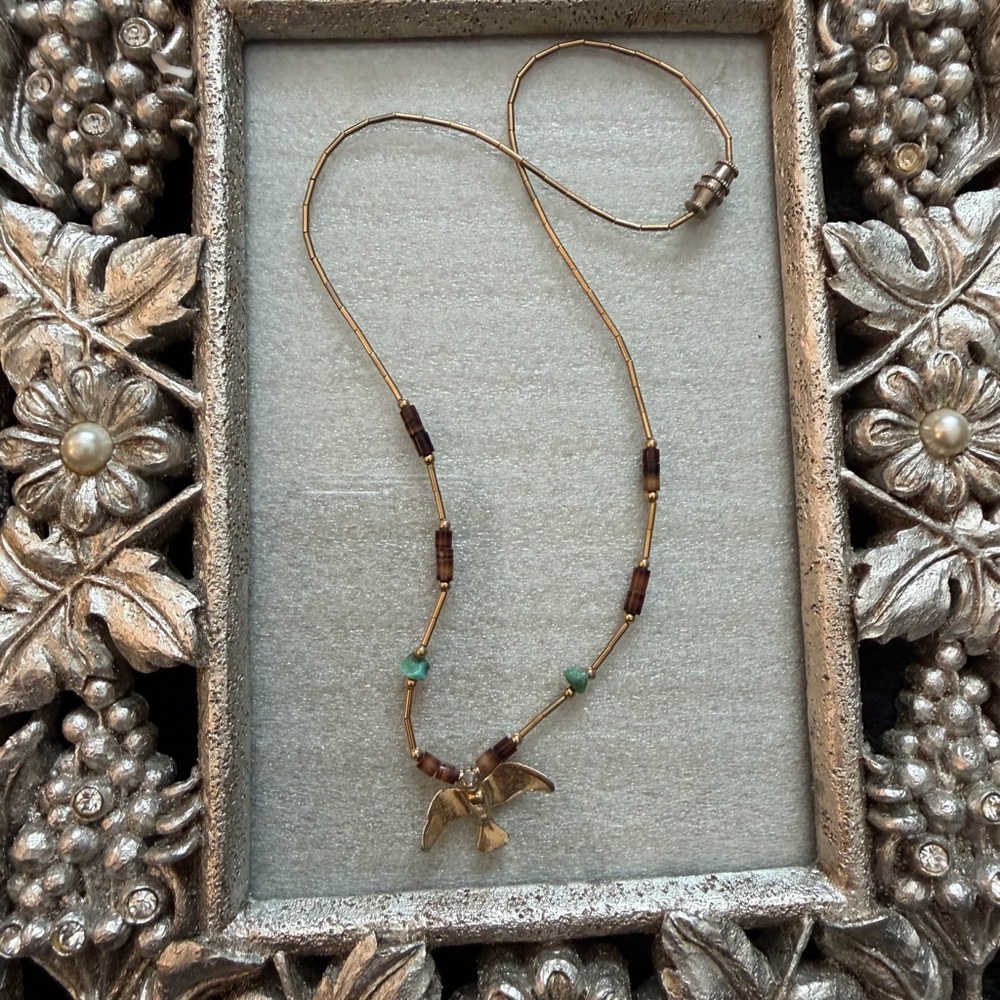 Vintage Silver& Gold Tone , Brown Beaded Necklace w/Bird & Barrel Clasp 16”